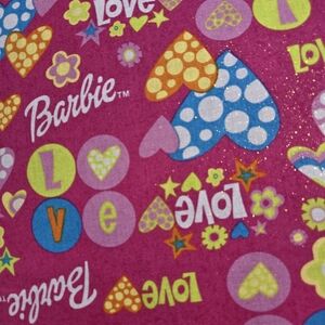 5 Yds Vintage 2001 Barbie Glitter Fabric Pink Hearts Love Mattel Springs Cotton